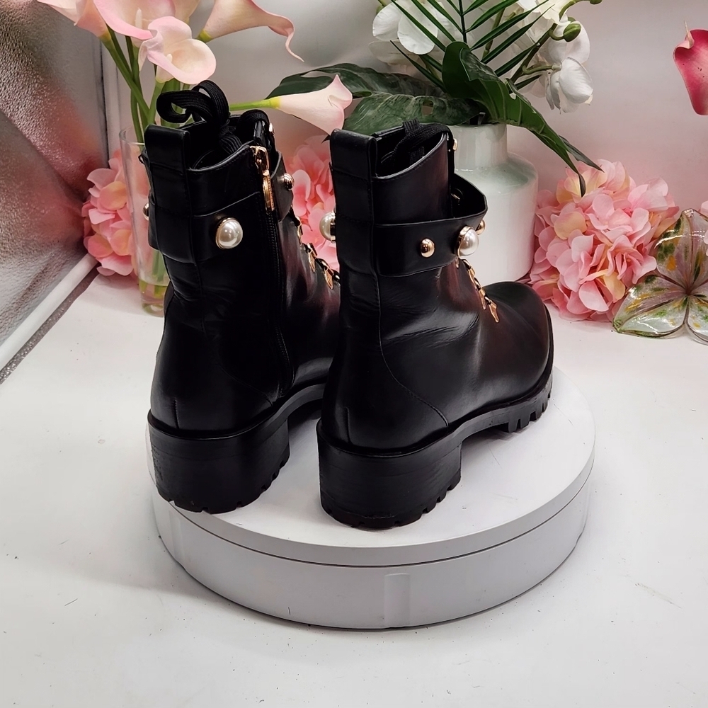 Karl Lagerfeld Lace-up Combat Boots Gold & Pearl Studded Sz 9.5M - Picture 7 of 15
